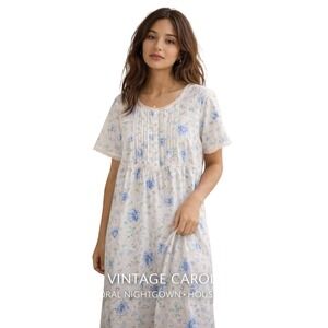 Vintage Carole Floral Nightgown Blue Rose Heart Print House‎ Dress Sz L USA 90s